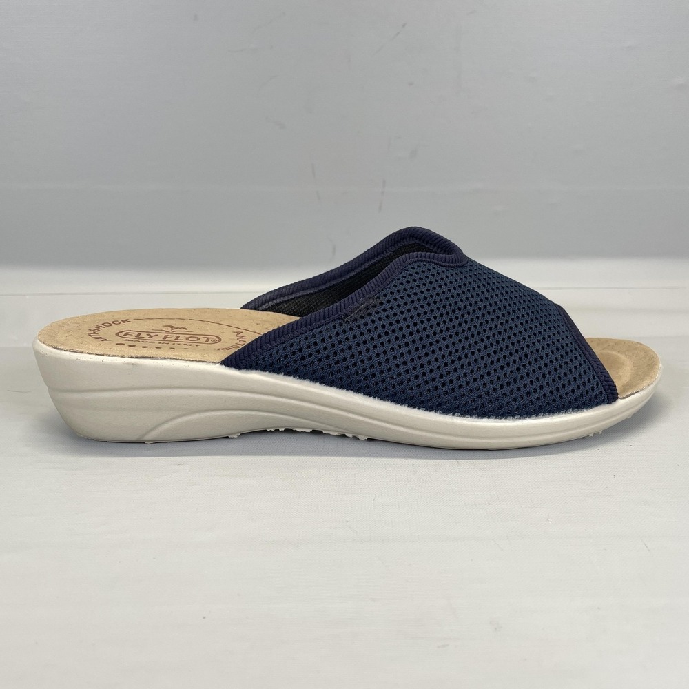 Fly Flot Slide Sandals Womens Size 8 Blue Mesh Wedge Slip On Comfort Shoes